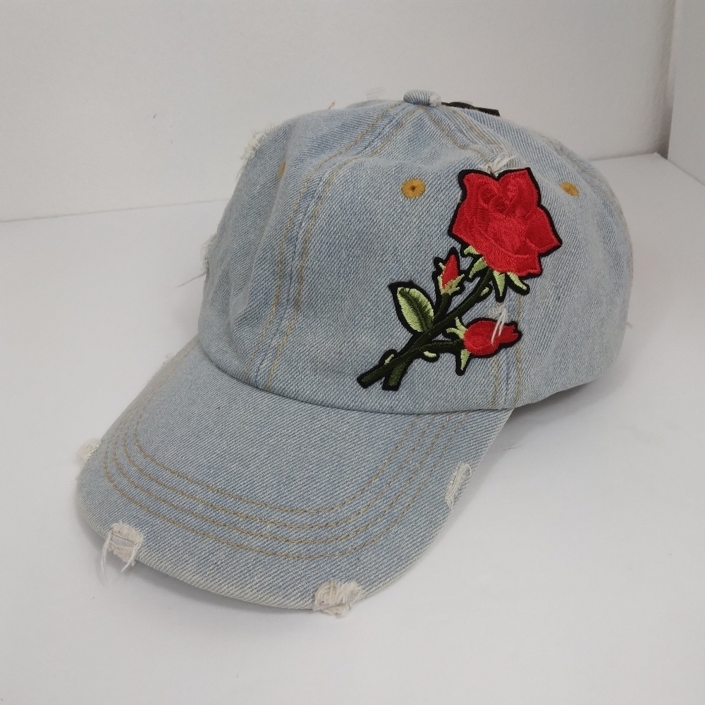 David And Young Distressed Denim Baseball Hat Cap Rose Embroidery Adjustable